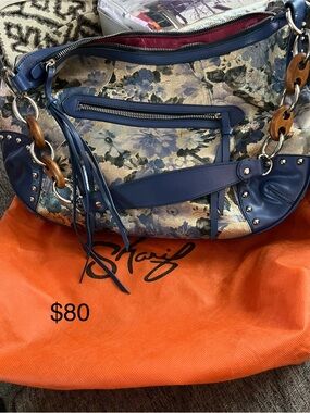 Sharif Blue Floral Shoulder Bag with Wooden Chain Accents